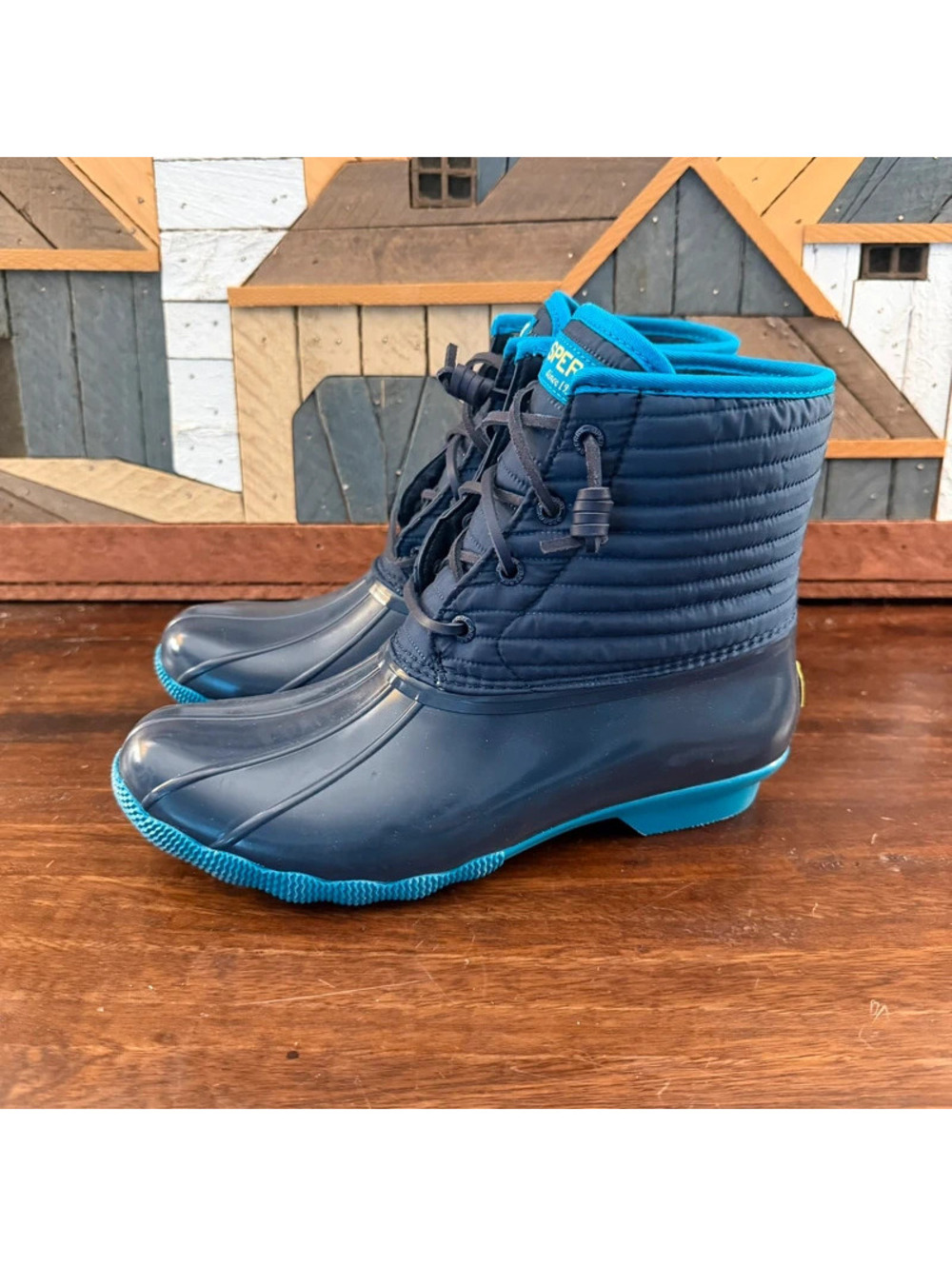 Sperry Women’s Saltwater Puff Quilted Duck Boots Navy Blue Teal Size 8